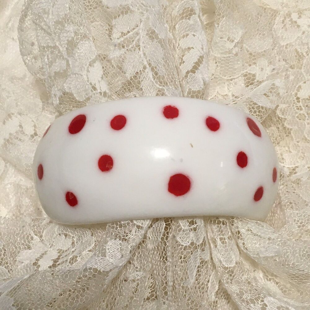 Vintage Chunky Plastic Bangle Bracelet White Red Polka Dots Asymmetrical